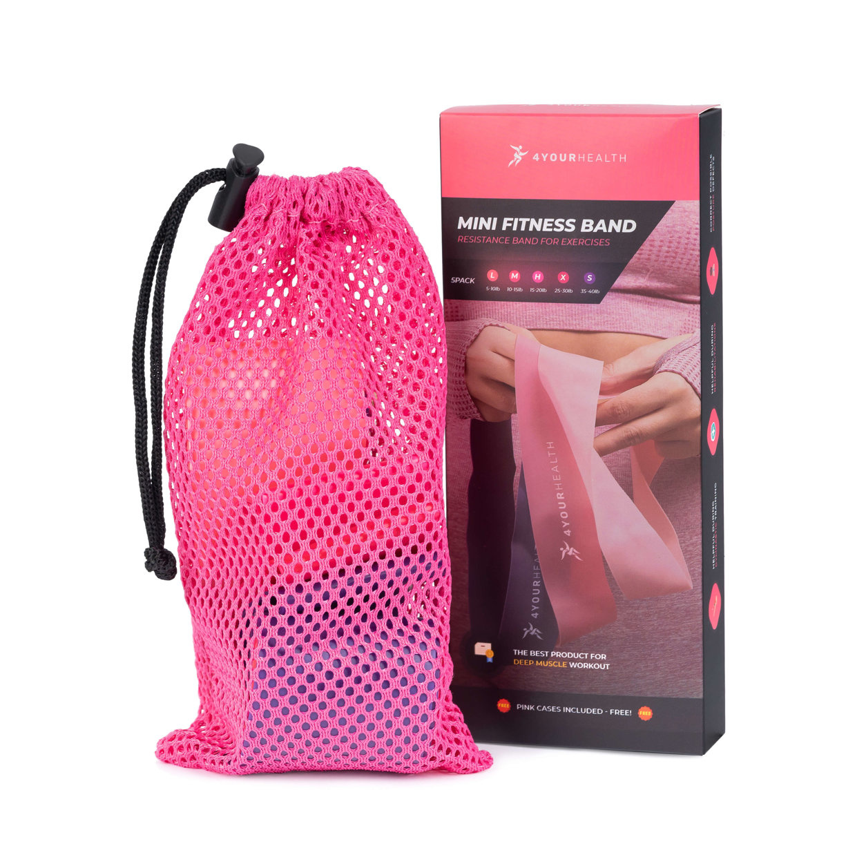 Zestaw 5 gum oporowych fitness mini band 4YH (kod 6431) różowe - obrazek 3