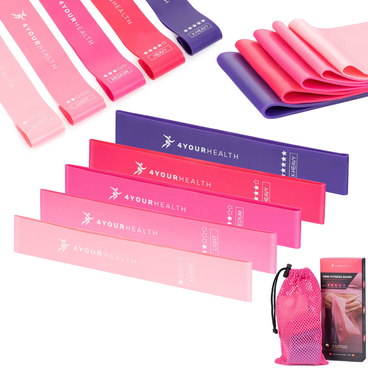 Zestaw 5 gum oporowych fitness mini band 4YH (kod 6431) różowe
