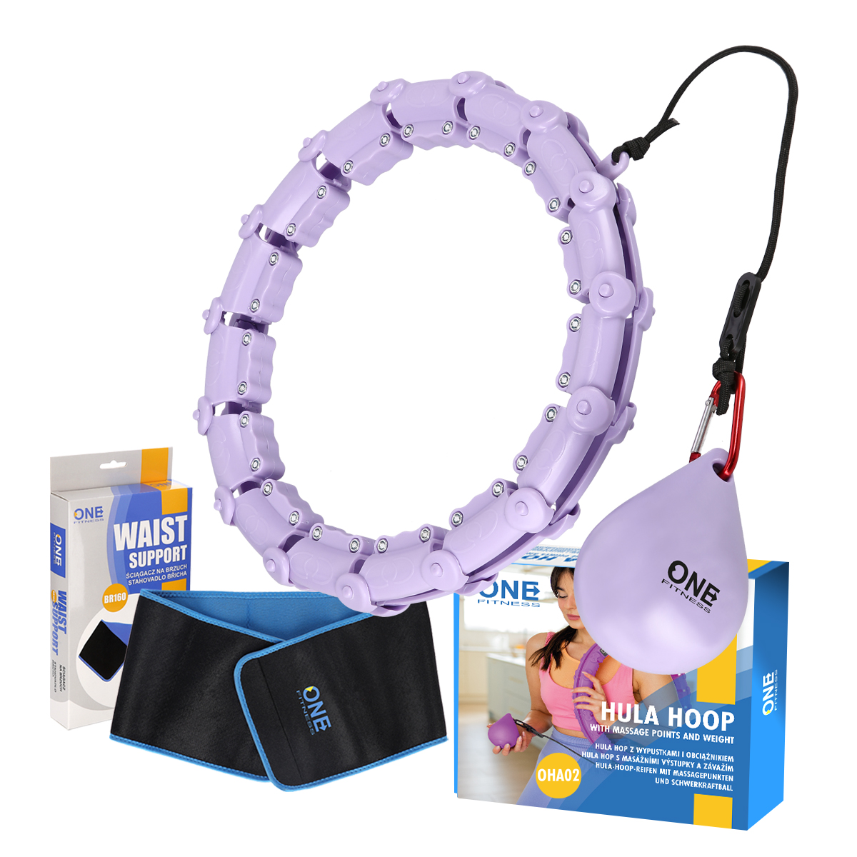 ZESTAW HULA HOP OHA02 VIOLET Z WYPUSTKAMI I OBCIĄŻNIKIEM ONE FITNESS + PAS BR160